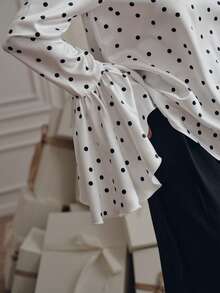 Anewsta Women's Elegant Polka Dot V-Neck Loose Ruffle Trim Long Sleeve Blouse, Fashion Spring/Autumn - Black and White - View 4