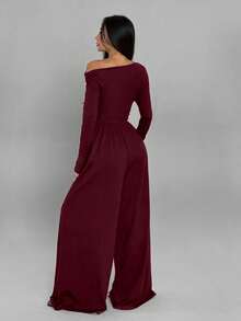 SHEIN MOOSTA Bộ đồ liền thân ống đứng rộng rãi xếp ly thoải mái cho nữ, có vai chéo và tay dài, phù hợp cho mùa xuân và mùa thu - Màu Đỏ Sâu - Xem 2