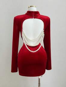 Elamini 女士优雅派对迷你连衣裙，长袖，露背设计，饰有仿珍珠，适合秋冬季日常穿着、派对、约会等场合。 - 酒紅色 - 查看 1