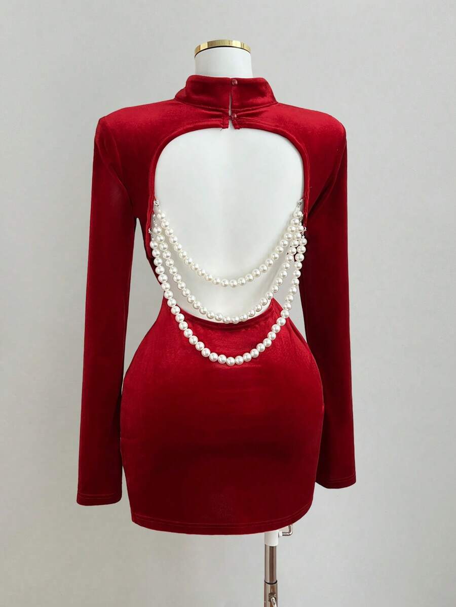 Elamini 女士优雅派对迷你连衣裙，长袖，露背设计，饰有仿珍珠，适合秋冬季日常穿着、派对、约会等场合。 - 酒紅色 - 查看 1