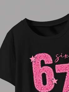 SHEIN Explorewe 两件套休闲时尚春夏女童短袖连衣裙套装，酷炫数字67和豹纹图案，短袖圆领T恤搭配工装裙，舒适的短袖圆领T恤打底裤，适合春夏穿着，时尚休闲，街头风，户外野餐，校园，节日，礼物 - 黑色 - 查看 5