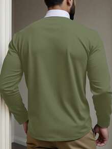 Manfinity Homme Plus Size Men's Contrast Color Block Half-Zip Collar Casual Long Sleeve Polo Shirt - Army Green - View 2