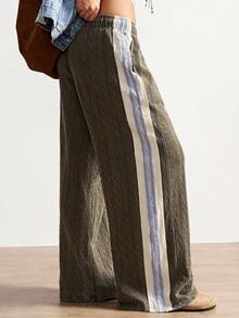 Bohemela Quần nữ ống đứng dáng rộng, chất liệu dệt kim họa tiết phối màu, phong cách BOHO Thu Đông. - xanh quân đội - Xem 3