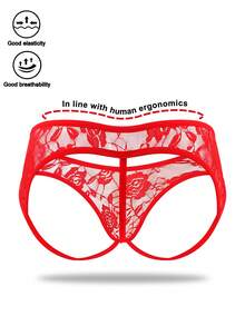 1 pieza Ropa interior sexy para hombres con encaje negro con rosa y espalda calada - Rojo - Ver 2