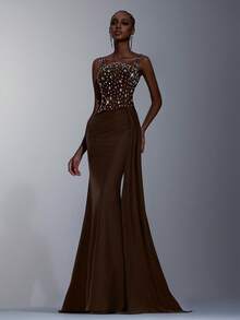 Elitara Váy đuôi cá bandeau kim loại đính đá 3D thủ công sang trọng thanh lịch với eo nhún, vải voan mỏng và chân váy xếp nếp xếp tầng, phù hợp cho những dịp trang trọng, đám cưới, tiệc tùng - Cà phê nâu - Xem 5