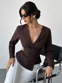 Firerie Women's Dark Brown Pinstripe Wrap Blouse,Elegant Flared Sleeve ...