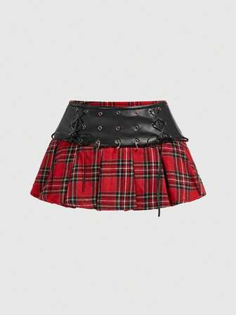 ROMWE Avant Punk Campus Stil PU Karomuster Patchwork Metall Reißverschluss Taillengürtel Damen Rock