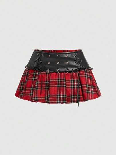 ROMWE Avant Punk Campus Stil PU Karomuster Patchwork Metall Reißverschluss Taillengürtel Damen Rock