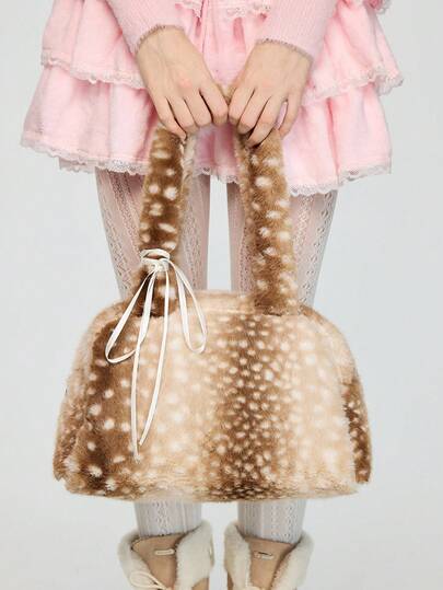 Fairycore 1 pezzo Borsa da donna alla moda, portatile, in marrone, in peluche con fiocco in pizzo