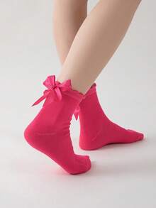 ROMWE Kawaii 女士时尚蝴蝶结装饰中筒袜 - 玫瑰紅 - 查看 2