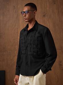 AKNOTIC Men's Black Comfortable Versatile Daily Fashion Loose Design Shirt Black Design Shirt Tarte Mcrae Mens Black Patterned Shirt Black Shirt Woven Design Hellfire Club Chinese Style Open Knit Shirt Men - Black - View 3