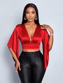 SOLERSUN 女士办公室 女士 老钱风格 女士 春夏 女士 优雅 通勤 商务 休闲 深V领 腰部收褶 光泽缎面面料 不对称荷叶边袖口 派对 情人节 约会 度假 红色短款衬衫 秋季 衬衫 上衣 秋季 女士 冬季 女士 感恩节 女士 返校 教师 万圣节 节日 性感 优雅 衬衫 - 紅色 - 查看 3