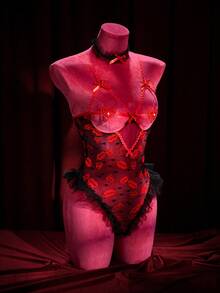 SpicyHot Bộ 2 món áo liền quần ren môi đỏ cực kỳ gợi cảm dành cho Ngày Valentine - Nhiều màu - Xem 5