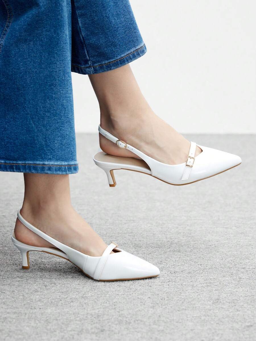 CUCCOO BIZCHIC Giày cao gót mũi nhọn thời trang đa năng cho nữ thiết kế khóa cài hàng ngày - trắng - Xem 1