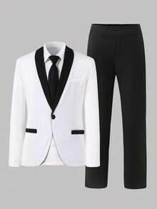 2pcs Boys Gentleman Suit Set White Lapel Slim Fit Blazer Black Pants Elegant Formal Autumn Modest Traditional Wedding Tuxedo For Birthday Performance - Black and White - View 5