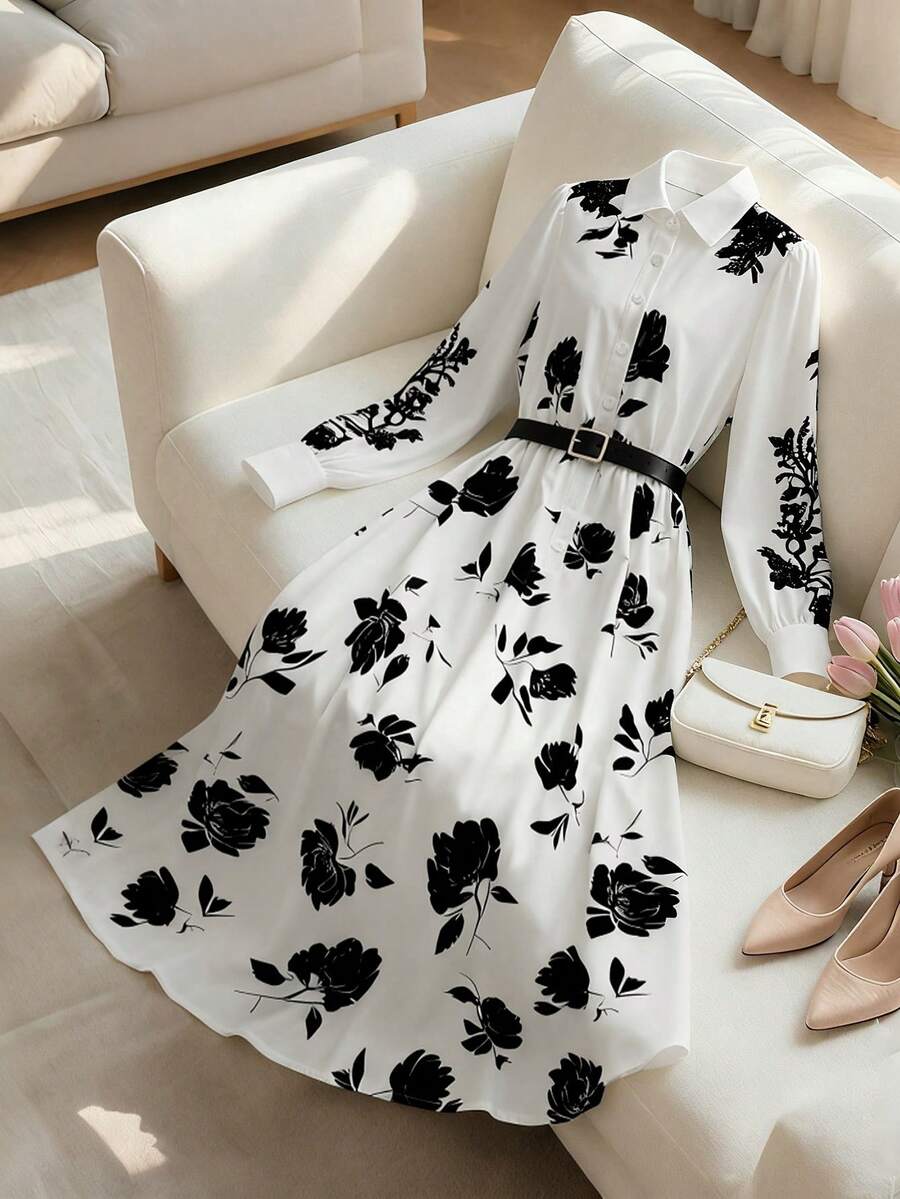 Franclia 女式领口收腰花卉印花长款束腰衬衫，优雅适合通勤和社交场合 - 黑與白 - 查看 1