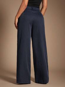 Radiana Women's Minimalist Modern Navy Blue Striped Suit Pants, High Waist Trousers, Blue Pants, Striped Pants, Oversized Wide Leg Pants, Casual Pants, Business Pants, Suitable For Casual Outings, Business, Office, Commuting, Formal Occasions Stripe Pants Navy Blue Pants Palazzo Pants Women Pleated Pants - Blue - View 3