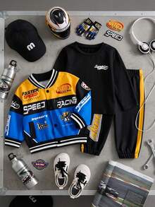 SHEIN 男婴秋冬装三件套：领口拉链长袖棒球夹克、字母印花长袖 T 恤、街头风格印花慢跑裤套装 - 彩色 - 查看 10