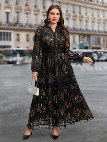 SHEIN LUNE Váy dạ hội màu đen cỡ lớn cho nữ Váy cưới sang trọng Váy dự tiệc thanh lịch cho phụ nữ Trang phục đi làm Lễ Tạ ơn cho phụ nữ Trang phục Giáng sinh in họa tiết lá vàng cho phụ nữ Váy đen cho phụ nữ Váy dài Váy dài năm mới cho phụ nữ Váy đen bóng Váy dài chữ A cổ chữ V tay dài dự tiệc cho phụ nữ - màu đen - Xem 4