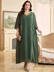 Al Najma Plus Size Women Elegant Patchwork Ribbon V-Neck Textured Dress, Autumn Plus Size Green Dress