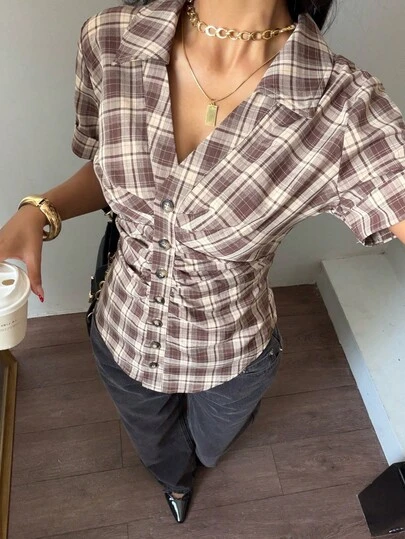 Siren Gaze Women's Vintage Plaid Print Button Down Short Sleeve V-Neck Blouse, Fitted, Elegant, Casual, Vacation, Commute Plaid Top Checkered Top Coffee Brown Top Brown Shirt Women, Office Commuter Blouses Teacher Blouses Back-To-School Season, Summer Casual Plaid Button Up Checkered Shirt Low Cut Shirt