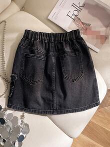 Elladie kids 少女牛仔裙，黑色和灰色蝴蝶结设计A字宽松牛仔裙