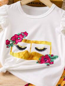 SHEIN Set de pantaloni Palazzo, cu mâneci bufante, florale, cu mâneci bufante, și cu model de trandafiri, ținută elegantă și confortabilă pentru primăvară/vară