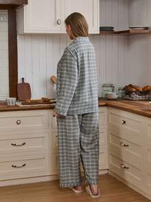Doze Lane Plus Size Women Bubble Textured Shirt Style Cardigan Pajama Set - Multicolor - View 2