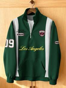 Manfinity Hypemode Retro American Half-Zip Los Angeles Letter Print Badge Contrast Color Loose Casual Men Pullover Sweatshirt Quarter Zip Men  Men Polo Shirt  Men Stuff  Men Gifts  Father Gifts  Men Clothes Mens Quarter Zip