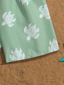 Calções de praia/natação para meninos pré-adolescentes com estampa de tartaruga marinha verde e cordão na cintura, ideais para férias, praia, litoral, verão, férias de primavera e verão. - Multicolorido - Ver 5