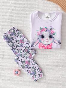 Young Girl' Delicate Purple Rabbit Pattern Short Sleeve Pajama Set - Mauve Purple - View 1