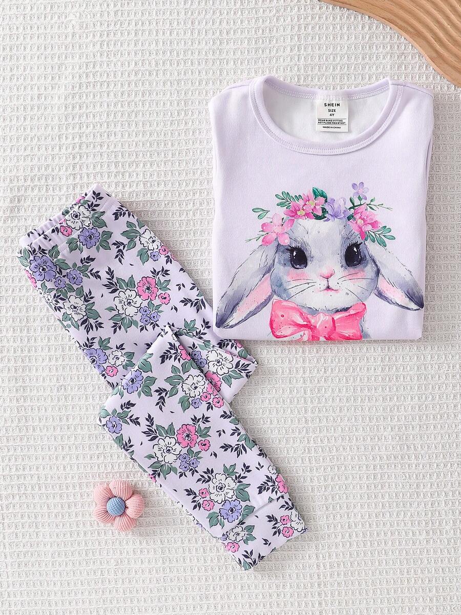 Young Girl' Delicate Purple Rabbit Pattern Short Sleeve Pajama Set - Mauve Purple - View 1