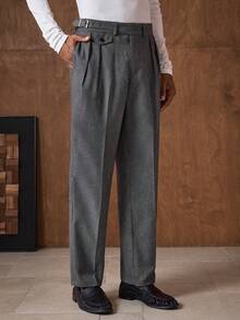 AKNOTIC Men's Solid Color Pleated Pocket Eyelet Fastener Design Casual Office Commute Suit Pants Mens High Waisted Pants Mens Wide Leg Pants Mens Pleated Suit Pants Men Church Pants Grey Dress Pants Men