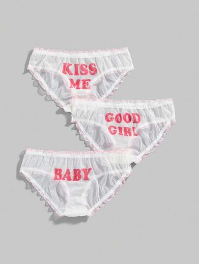 Kawaii 3 pezzi di perizoma in rete da donna con slogan dolci e carini