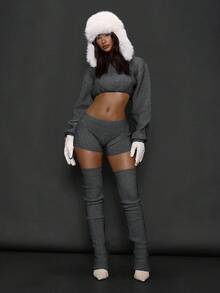 MUSERA Pull-over femme à col montant, couleur unie, manches longues, style décontracté. Coupe courte, chic, mignon, élégant pour l'hiver et la Saint-Valentin. Style Y2K - Gris foncé - Voir 3