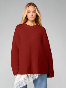 MISSGUIDED 宽松针织套头衫，长袖设计，冬季休闲毛衣，舒适保暖 - 酒紅色 - 查看 4