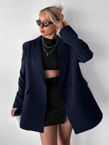 Ritzy Row Women's Casual Oversized Padded Shoulder Mid-Length Double-Breasted Blazer - Navy Blue - View 4