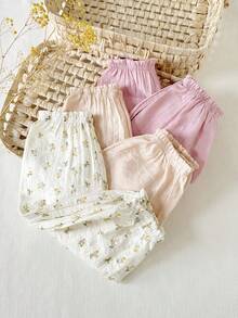 SHEIN 3pcs Baby Girls' Casual Ditsy Floral Pants With Ruffle Hem, Spring/Autumn Set
