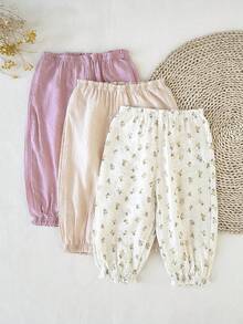SHEIN 3pcs Baby Girls' Casual Ditsy Floral Pants With Ruffle Hem, Spring/Autumn Set