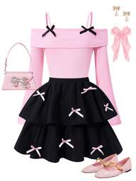 SHEIN Sparklyn Conjunto de camiseta elegante para niñas preadolescentes, blusa de punto blanca combinada con falda de tela negra con volantes, la blusa decorada con un moño negro, la falda adornada con cuentas