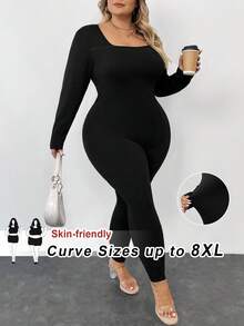 SHEIN CURVE+ Plus Size Women's Square Neck Bodysuit, Basic Casual Jumpsuit
