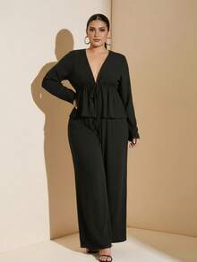 SHEIN BAE Set de 2 piese, cu mânecă lungă și legături în față, mărime plus, negru, pentru femei - Negru - Vizualizare 2