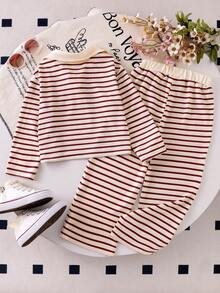 Genkimix Kids 2pcs Girls Striped Collar Long Sleeve Knit Top And Pants Set, Fashionable Children Casual Loungewear Outfit, Suitable For Early Autumn