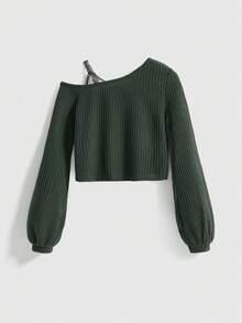 ROMWE Kawaii Áo thun nữ tay lỡ phối ren chéo vai họa tiết bánh quế tương phản mùa thu - xanh quân đội - Xem 2