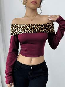 性感露肩撞色豹纹T恤 女款印花猎豹纹T恤 女式上衣 - 酒紅色 - 查看 6