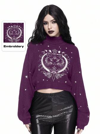 Goth Suéter de cuello alto negro gótico oscuro con bordado misterioso de gato