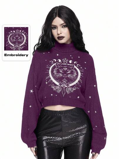 Pull sombre à col montant, broderie mystérieuse de chat gothique noir