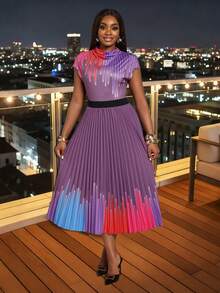 Xyvia Damen Mehrfarbiges gestreiftes digital bedrucktes Kleid mit hohem Kragen, taillierter Taille, A-Linie Saum und plissiertem Design, elegantes Kleid - Verschiedenfarbig - Übersicht 3