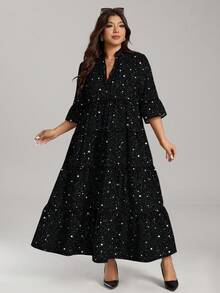 SHEIN LUNE 大码女式休闲优雅亮片印花连衣裙，适合秋冬季节，黑色连衣裙，新年连衣裙，派对连衣裙，女士长款连衣裙，黑色女士长款连衣裙 - 彩色 - 查看 3