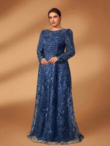 Serin Stunning Plus Size Mother Of The Bride Navy Blue Maxi Dress Mesh Fabric Long Sleeve Round Neck A Line - Navy Blue - View 7